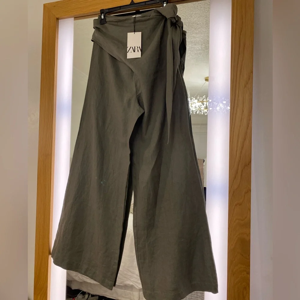 Zara Olive Green Wide-Leg Wrap Pants